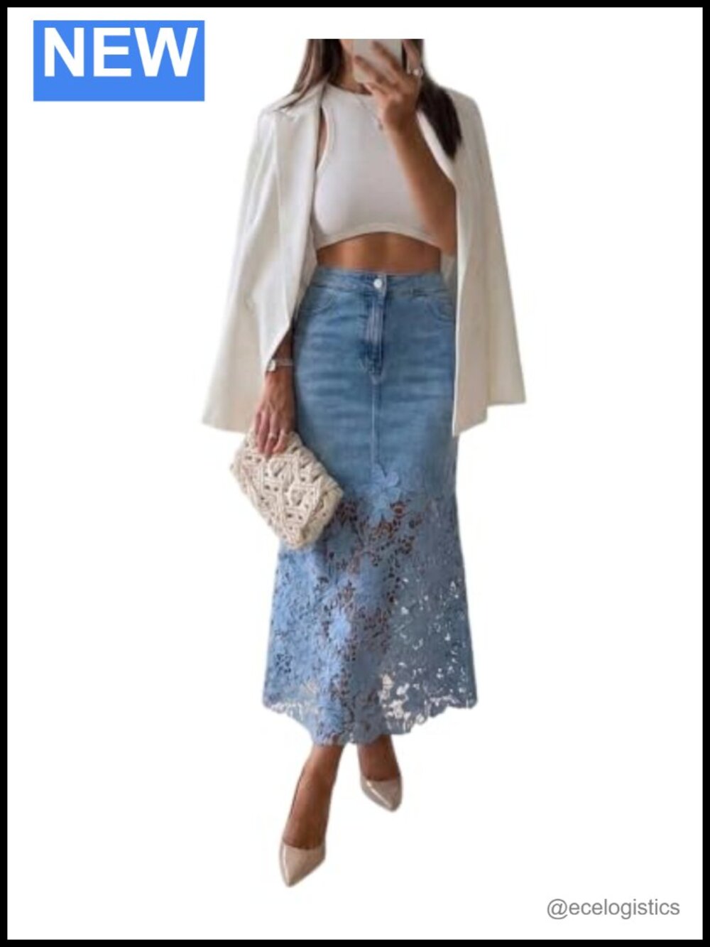 Denim Midi Skirt Women Guipure Lace Jean Skirt High Waist Boho